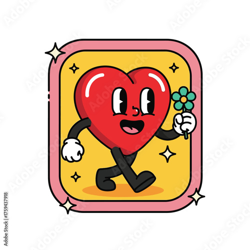 Retro Cartoon Heart Character Holding a Flower.