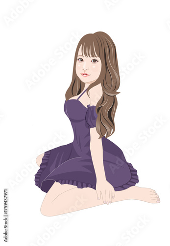 ぺたんと床に座るドレスを着た少女イラスト