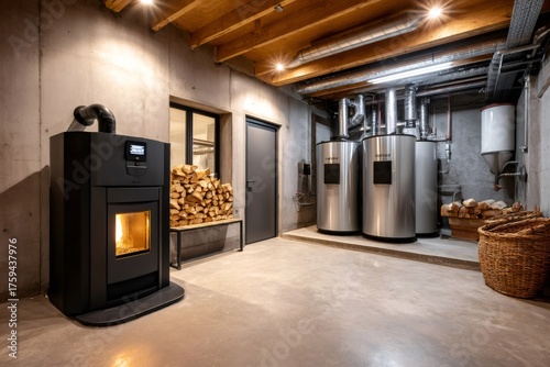 Basement heating system using pellet stove and boiler