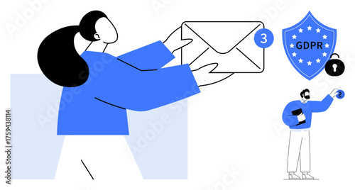 Woman holding email with 3 notifications, GDPR shield badge, secured lock, and small figure holding document. Ideal for privacy, compliance, email security, notification systems, regulations