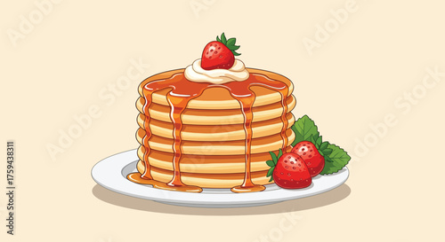 Stack of golden pancakes topped with whipped cream and a fresh strawberry drizzled with syrup.