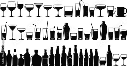 Drinkware silhouette set, cocktail glasses, wine bottles, liquor icons, barware collection, black shapes, beverage design, hospitality elements, mixology tools