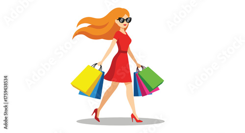 Stylish Woman with Long Red Hair Carrying Shopping Bags.