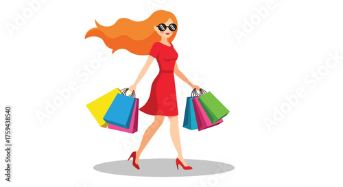 Stylish woman with long red hair in a red dress carrying shopping bags.