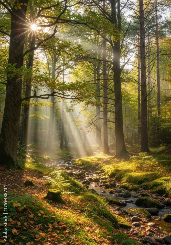 Obraz premium Enchanting forest scene with sunlight beaming through trees along a peaceful stream