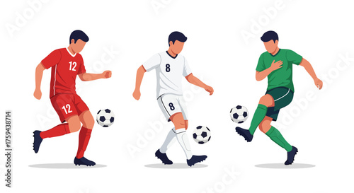 Three Diverse Football Players in Action with Soccer Balls.