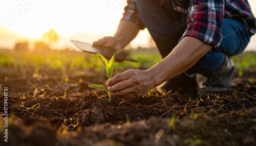 Agriculturist uses modern digital tablet technology to meticulously monitor young crop seedlings in a sunlit field, representing sustainable farming practices and future food production
