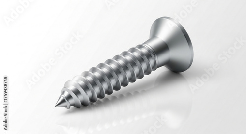 Closeup of a shiny silver countersunk screw, showcasing its sharp point and detailed thread pattern