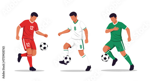 Three diverse male soccer players in action with footballs.