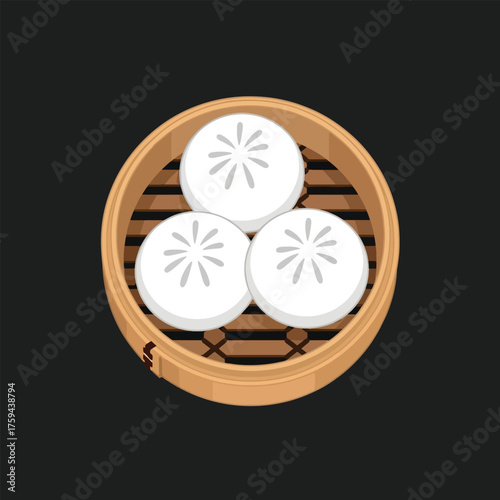 Three Steamed Buns in a Bamboo Steamer Basket 1.