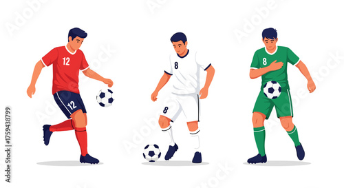 Three male soccer players in action with footballs.