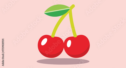 Two bright red cherries with a green leaf on a light pink background.