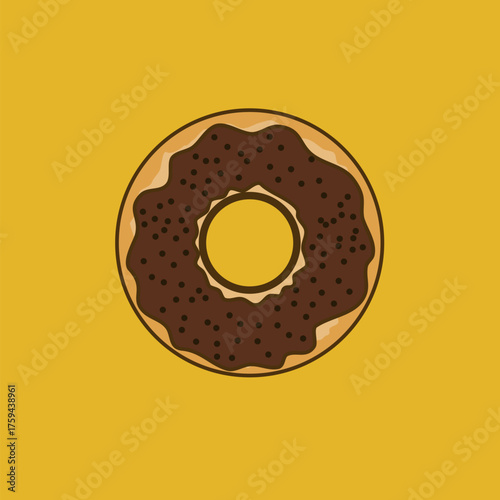 Vector illustration of a chocolate donut with glaze and sprinkles in a flat cartoon style. Simple yellow background, perfect for bakery logos