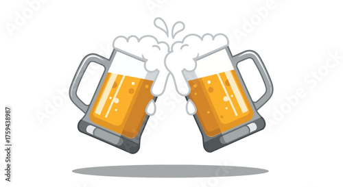 Two Frothy Beer Mugs Clinking Together in a Toast.