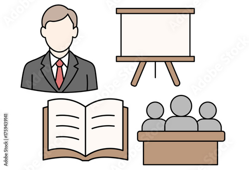 Business training and presentation concept flat vector illustration with lecturer, board, and participants