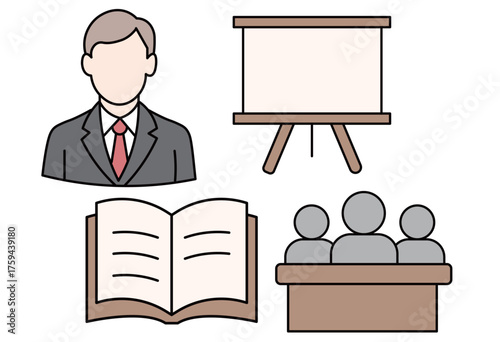 Business training and presentation concept flat vector illustration with lecturer, board, and participants