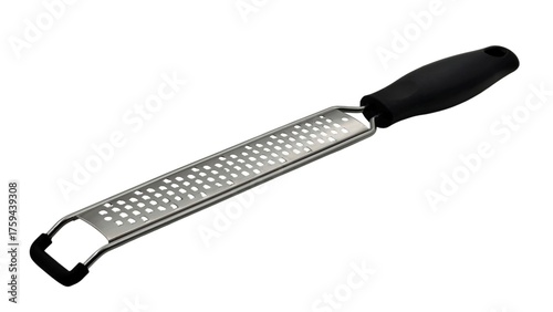 Photo of a stainless steel grater zester kitchen tool with razor-sharp blades, ideal for cheese, lemon, nutmeg, and zesting in cooking or baking, isolated on white background.