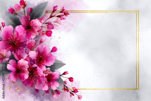 Pink cherry blossom flowers watercolor gold frame