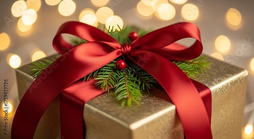 A beautifully wrapped golden gift box adorned with a red ribbon and festive greenery, set against a bokeh background of warm lights.