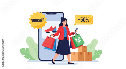 Woman with Shopping Bags and Smartphone Displaying Discount Voucher.