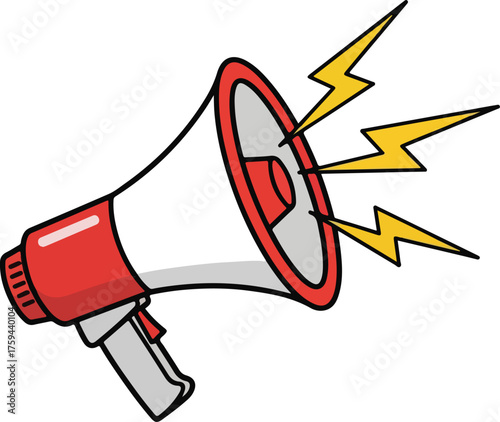 Vector art of a red and white megaphone with yellow lightning bolts coming out of it