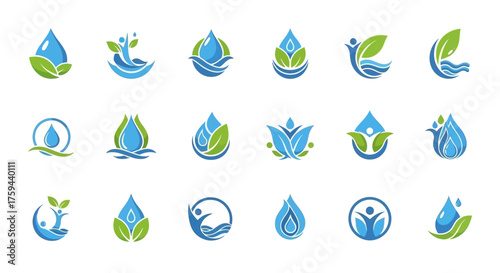 Collection of Water Drop and Leaf Logos for Eco-Friendly Branding.