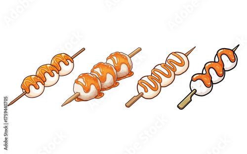 Sweet Dango Skewers with Caramel Sauce, Japanese Dessert Illustration