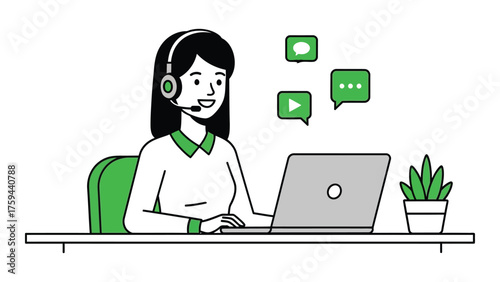 Customer service representative with headset working on laptop vector illustration for online support and communication isolated on white background