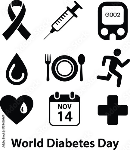 World diabetes day icons including ribbon syringe glucose meter drop food and running symbol
