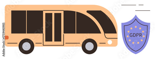 Bus symbolizing safe transport alongside GDPR-marked shield for data security and compliance. Ideal for privacy, regulation, transportation, technology, cyber protection, legal context, and secure