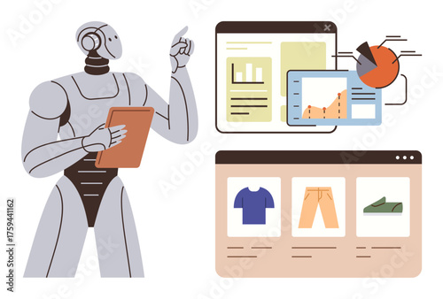 Robot using a tablet to analyze graphs, charts, and managing an e-commerce product page. Ideal for AI, automation, retail analytics, e-commerce, business intelligence, technology and machine