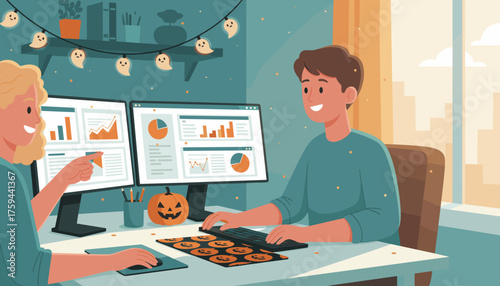 Smiling colleagues collaborate on data analysis in a festive Halloweendecorated office