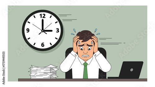 Stressed businessman with a pile of paperwork and a clock deadline pressure illustration vector cartoon character isolated on background