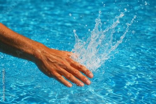 Close-up of hand splashing clear blue water in swimming pool under sunlight, refreshing summer concept