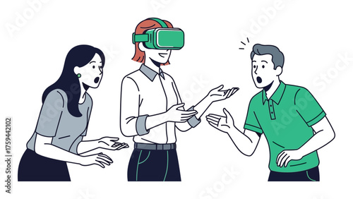 Woman wearing VR headset with surprised colleagues vector illustration of virtual reality experience isolated on white background