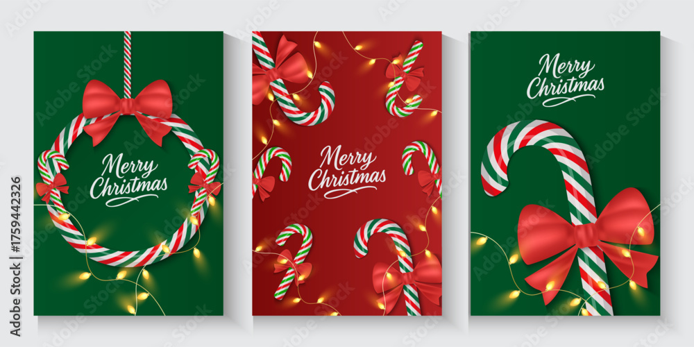 Naklejka premium Merry Christmas and Happy New Year greeting cards, xmas banner background with typography, light, bow and candy cane for cover, poster design with trendy gradient shadow style illustration.