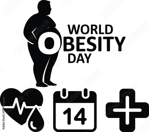 World obesity day awareness campaign featuring silhouette heart calendar medical cross icons