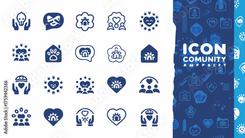 Collection of various community icons including hands, hearts, people, animals, and speech bubbles