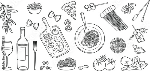Italian food doodle illustration, pasta, pizza, wine, tomatoes, olives, kitchen ingredients and cooking elements for culinary design