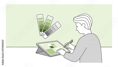 Designer working on a digital tablet with a stylus choosing green color palette vector illustration for graphic design and creative work