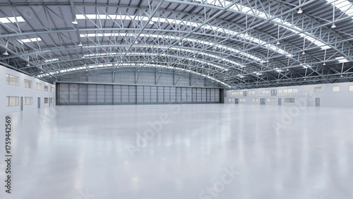 Fototapeta Naklejka Na Ścianę i Meble -  Industrial round roof hangar interior with a metal ceiling, spacious and empty, featuring light gray flooring and walls. Ideal for business presentations. 3D Rendering
