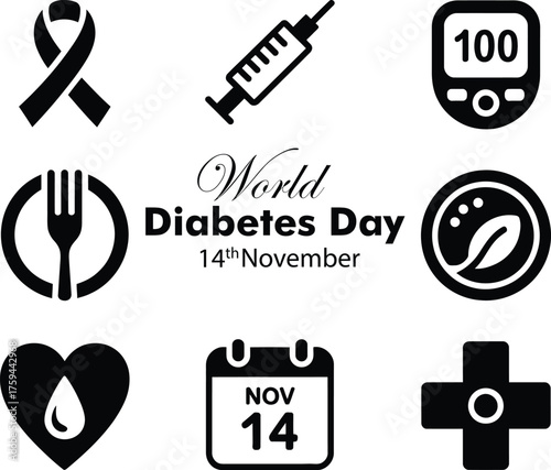 World diabetes day icons set celebrating health awareness and prevention on november 14th
