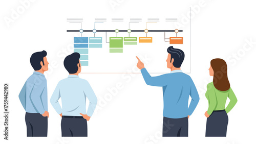 Business team analyzing a timeline chart planning project milestones vector illustration for presentation or infographic