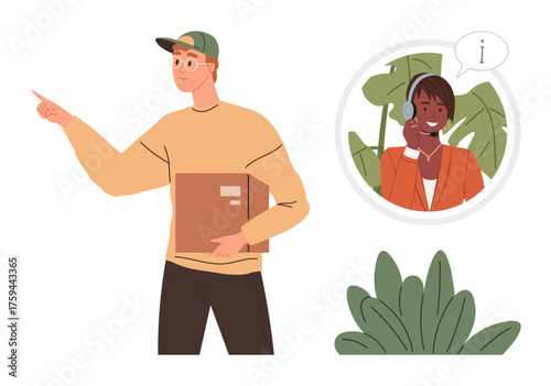 Delivery worker holding a package and pointing for directions while inquiring with a customer service agent. Ideal for logistics, delivery, customer support, service interaction, e-commerce