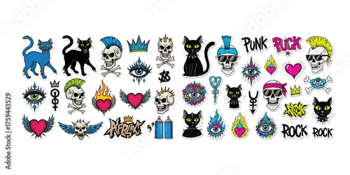 Funky Punk Doodle Vector Collection with Black Cats, Rock'n'Roll Skulls, and Graffiti Symbols
