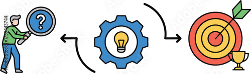Business process illustration showing problem solving idea generation and achieving goals with a trophy