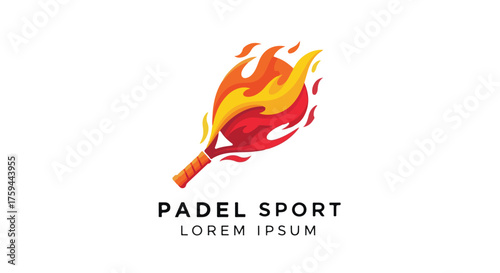 Fiery padel racket logo design, representing passionate sport, speed, and competitive spirit with a vibrant flame emblem