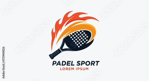 Dynamic Padel Sport Logo Vector Illustration with Fiery Racket Design. Energetic graphic art for athletic branding, symbolizing power and speed, a modern 35.eps concept