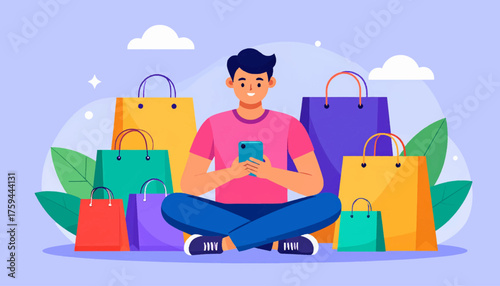 A young man sits cross-legged surrounded by many shopping bags, holding a smartphone and looking at the screen.