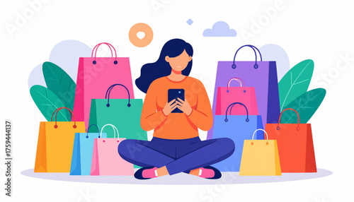 A woman sits cross-legged, engrossed in her smartphone, surrounded by a vibrant collection of shopping bags, symbolizing online retail and consumerism.